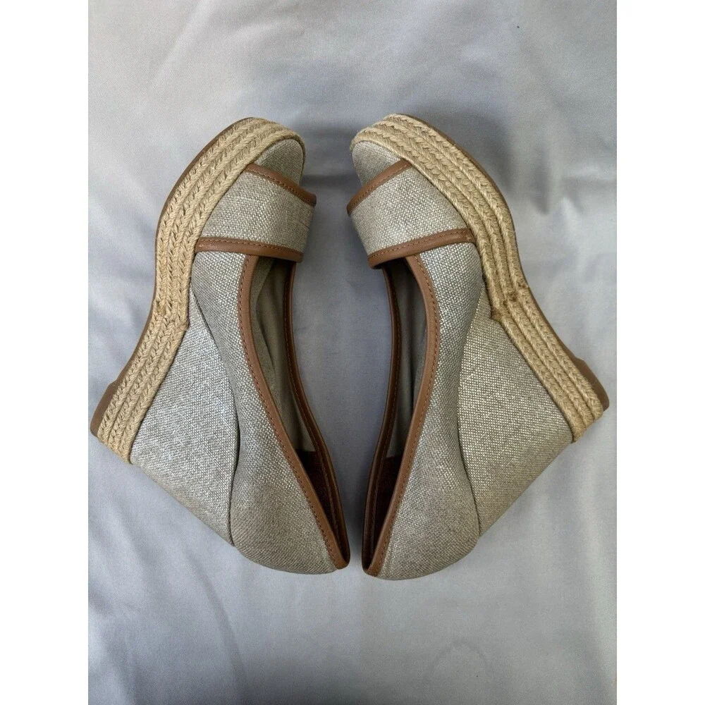 Tory Burch Majorca Canvas Espadrille Wedge Peep Toe Shoes Size 39 - 8-8.5M
